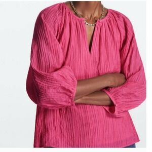 COS Puff Sleeve Seersucker Blouse‎ Sz 8/38 Boho Barbie Relaxed Coastal Beach